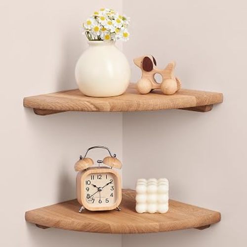 Gieanoo Floating Corner Shelves for Wall Set 2 10inch Solid Oak Rounded Corner Shelves Wall Mounted with Cable Hole Wood Corner Hanging Shelves for Living Room Bedroom Bathroom Kitchen