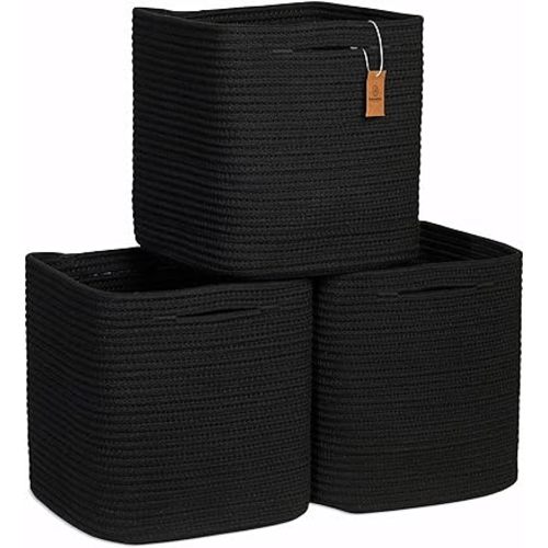 NaturalCozy Storage Cubes 11 Inch Cotton Rope Woven Baskets for Organizing, 3-Pack | Cube Storage Bin | Square Storage Baskets for Shelves Organizer, Classroom, Kids Toy Bins, Closet, Baby Nursery
