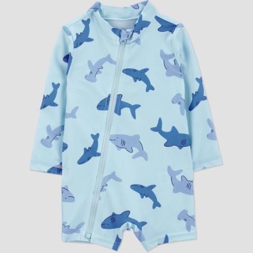 Carter's Just One You®️ Baby Boys' Long Sleeve Sharks Printed One Piece Rash Guard - Light Blue 6m: Upf 50+, Front Zipper, Full Lining