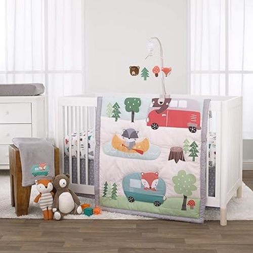 NoJo Little Love Retro Happy Camper Green, Aqua and Grey 3 Piece Nursery Crib Bedding Set - Comforter, Fitted Crib Sheet and Dust Ruffle