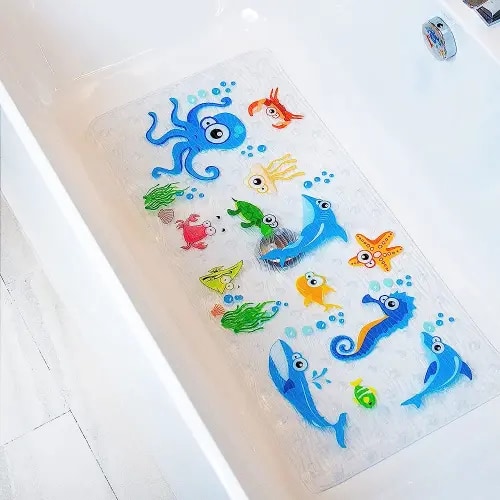 Bath Mats for Tub Kids - Large Cartoon Non-Slip Bathroom Bathtub Kid Mat for Baby Toddler Anti-Slip Shower Mats for Floor 35x16,Machine Washable XL Size Bathroom Mats (Alphabet)