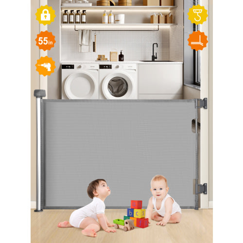 Doulami Baby Safe Gates Retractable Gate Mesh Gate 33" Tall Extends to 55" Wide for Kids/Child Gray