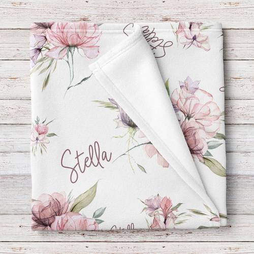 Dreamy floral pink and purple Personalized Baby Girl Name Blanket