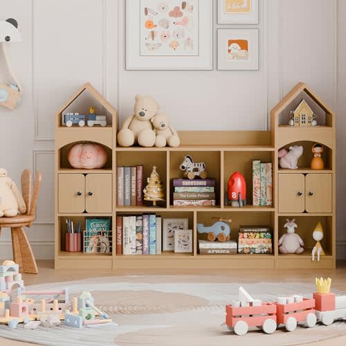 Vabches Castle Shape Children's Bookshelf, Kids Bookcase Display Case Kids Toy Storage Organizer Multifunctional Storage Cabinet Bookshelf Suitable for Playroom, Children's Room, Living Room, Oak