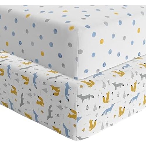 Featherhead™ 2-Pack Fitted Crib Sheets - 100% Cotton - 52" x 28" x 9" for Standard Crib and Toddler Mattress (Percale Blue Foxes)