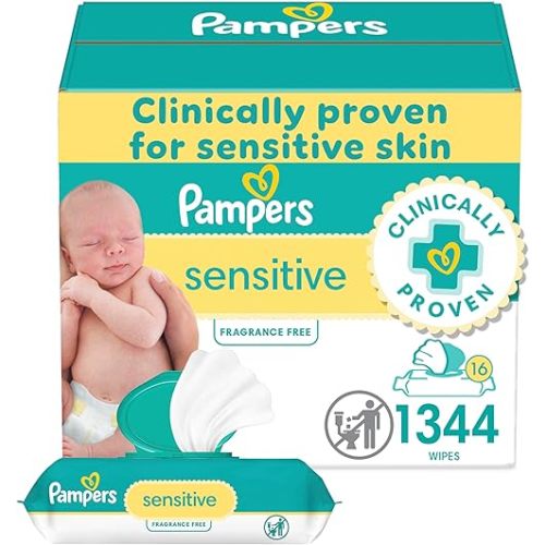 Pampers Baby Wipes, Sensitive, Water Based Wipe, Clinically Proven, Hypoallergenic, and Unscented for Babies, 1344 Wipes Total (16 Flip-Top Packs)