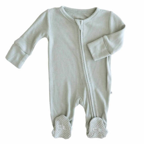 Embroidered Bamboo Waffle Zipper Footie | Seagrass