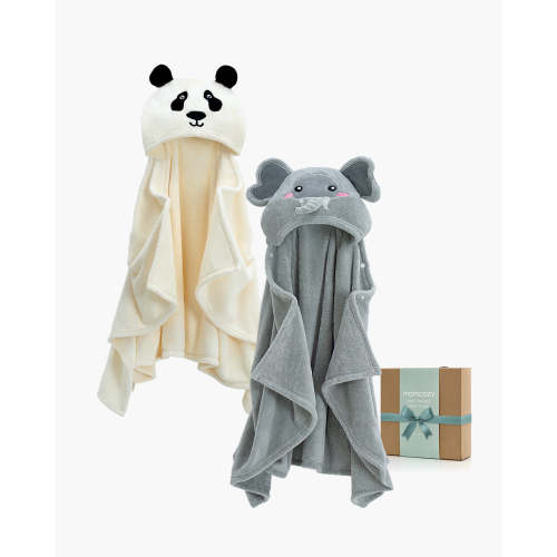 Soft Coral Fleece Baby Hooded Towels - Elephant & Panda