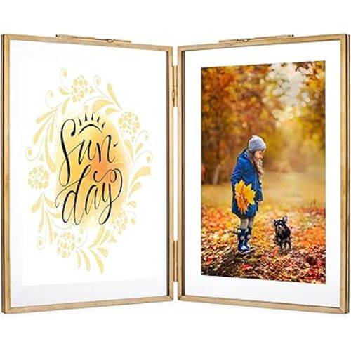 Rising Star Brass Picture Frame, Vintage Double 4x6 Folding Picture Frames, Gold Metal Pressed Glass Photo Frame, Hinged Picture Frame