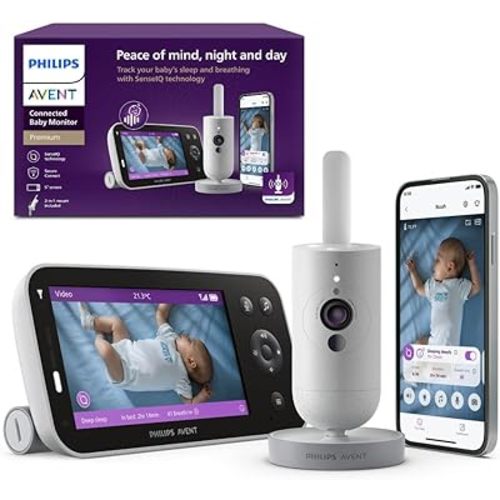 Philips Avent Premium Connected Baby Monitor, with 1080p Camera and App, SenseIQ Sleep and Breathing Rate Tracking, Cry Detection and Translation, Day and Night View, Two-way True Talk Back, SCD973/37