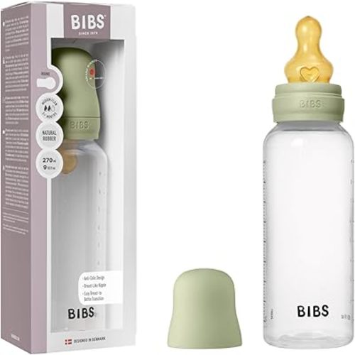 BIBS Baby Bottle 9 oz / 270 ml Natural Rubber Latex Nipple - Anti-Colic, BPA-Free, Round Nipple, Medium Flow, Lightweight & Easy to Clean, Suitable for Newborns 0+ Years - Sage