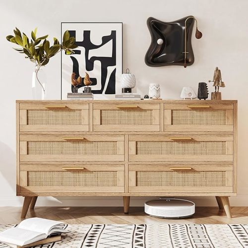 Rovaurx 7 Drawer Double Dresser for Bedroom, Rattan Chest of Dressers, Modern Wooden Dresser Chest with Golden Handles, Beside Table for Closet, Living Room and Entryway, Natural RDG004M