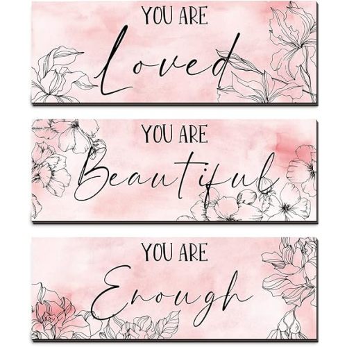 Yookeer 3 Pcs Floral Wooden Hanging Wall Art Inspirational Quotes You Are Beautiful Room Picture Decor Thank you Birthday Women Gift Teacher Assistant(4 x 11 Inch,Pink)