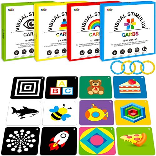 100 PCS 200 Page Black White Colorful 3D Visual Stimulation Baby Flashcard for Newborn Baby Infant Gift (4 Levels 0-36 Months, 5.5” X 5.5”)