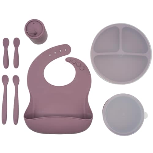 WeeSprout Baby Led Weaning Bundle, Silicone Suction Bowl, Spoons, Bib & Cup, Develops Self Feeding Skills, Dishwasher Safe (Purple)