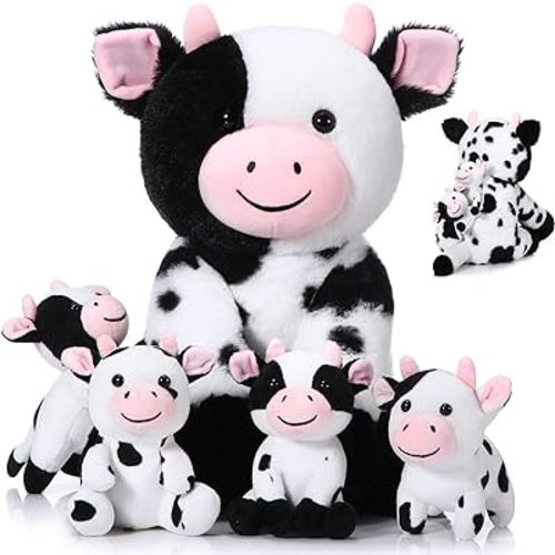 Sumind 5 Pcs Cow Plush Animals Set Mommy Cow Stuffed Animal with 4 Baby Cute Cows in Her Tummy Mommy Cow and Baby Small Plush Cow for Toddlers Boys Girls (Cute)