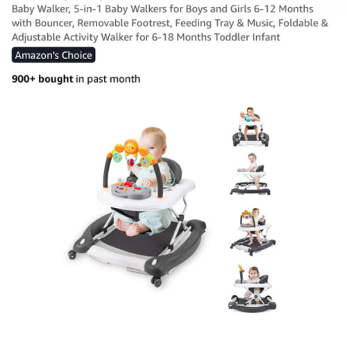 Baby Walker, 5-in-1 Baby Walkers for Boys and Girls 6-12 Months with Bouncer, Removable Footrest, Feeding Tray & Music, Foldable & Adjustable Activity Walker for 6-18 Months Toddler Infant