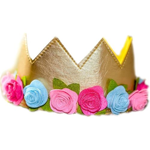 birdyboutique.com Girls Gold Leather Birthday Crown with Felt & Flowers – Dress-Up or Photo Prop – Stretch Fit 19–22” – Handmade & Comfortable