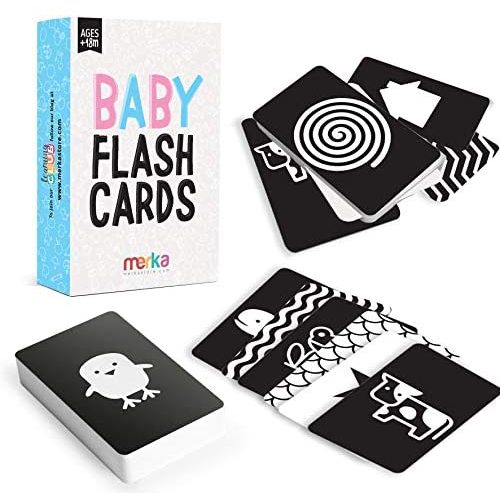 merka High-Contrast Baby Flashcards – Set of 50 Black-and-White Flash Cards for Visual Stimulation and Brain/Sensory Development – Learning Tool for Infants and Toddlers Aged 0 to 18 Months
