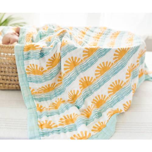 100% Organic Bamboo + Cotton Sun and Wave Print Baby Swaddle or Blanket, Surfer Nursery Decor, Boho Ocean Baby Gift, Beach Nursery Decor