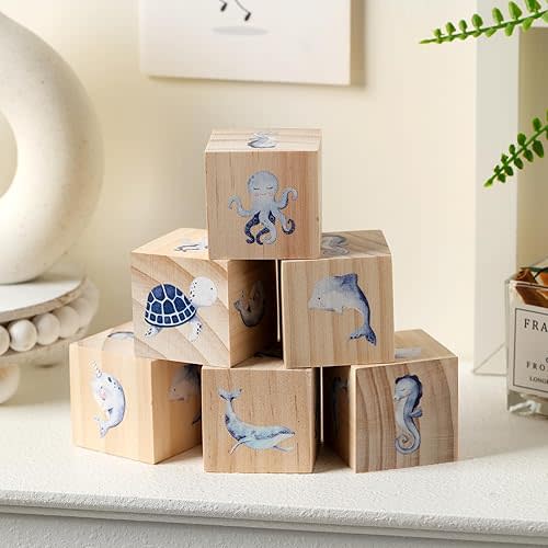 Kigley 6 Pcs Nursery Decor for Girls and Boys Nursery Decor Watercolor Shelf Decor for Bedroom Playroom Gifts(Ocean Nursery Decor)