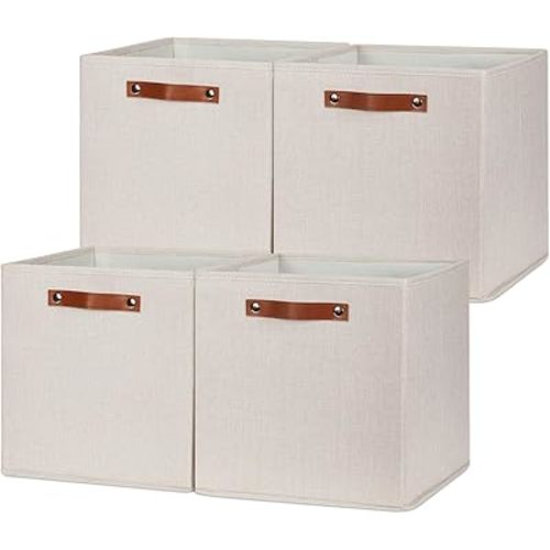 HNZIGE Large Storage Baskets Set of 4 Collapsible Storage Baskets,13x13 Storage Cube Bins with Handles,Foldable Storage Cube Bins for Shelves(cream)
