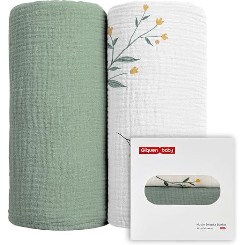 GLLQUEN BABY 2-Pack Muslin Swaddle Blankets for Unisex, Baby Swaddle Blanket for Boys and Girls, Soft Breathable Receiving Blankets Neutral, Newborn Essentials, Registry & Gift