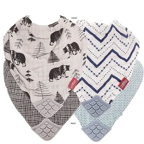 Nuby Reversible 100% Natural Cotton Muslin 2 Piece Bandana Teething Bib - Grey/Blue