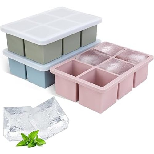 Silicone Ice Cube Tray 3Pack, SAWNZC Large Ice Cube Molds for Whisky Cocktail, Big Square Ice Maker Tray with Lid for Freezer