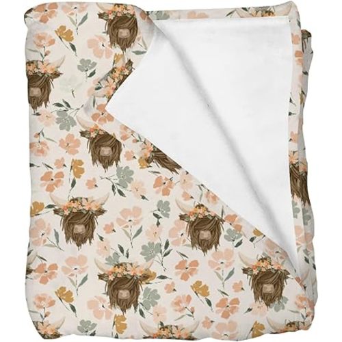 Highland Cow Boho Floral Baby Blankets for Boys Girls Infant Toddler Newborn Pastel Yak Cattle Retro Flowers Swaddle Receiving Blanket for Crib Stroller Vintage Farm Animal Bed Blanket 30x40inch