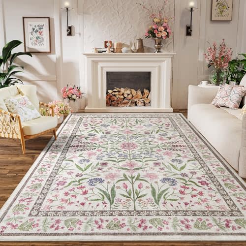 Amearea 6x9 Feet Floral Area Rugs for Living Room, Boho Pink Rugs for Bedroom Girls, Cute Kids Room Print Carpet Vintage Low Pile Machine Washable Area Rug, Office Nursery Dining Room Farmhouse Decor
