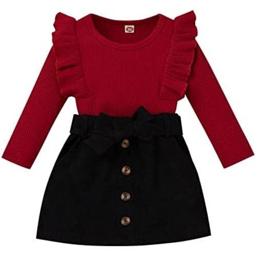 Kupretty Toddler Baby Girl Fall Winter Clothes Turtleneck Solid Knit Pullover Tops Plaid Button Mini Skirts Set Outfits
