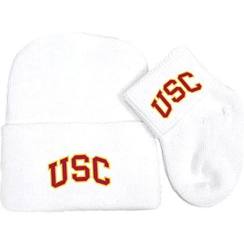 Southern Cal USC Trojans Licensed Newborn Baby Knit Cap and Socks Set White