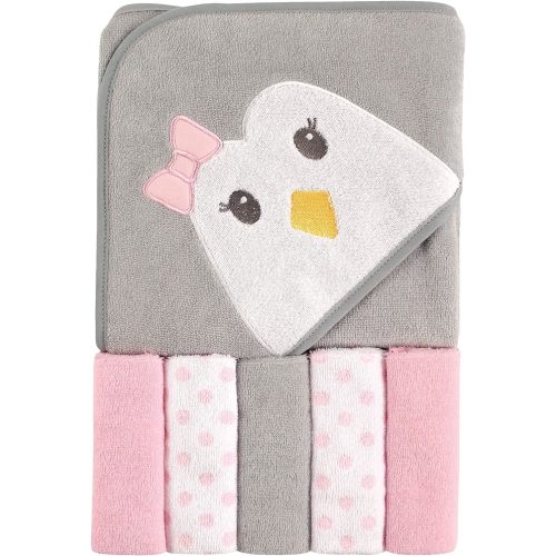 Luvable Friends Unisex Baby Hooded Towel with Five Washcloths,Cotton,Polyester, Penguin, One Size