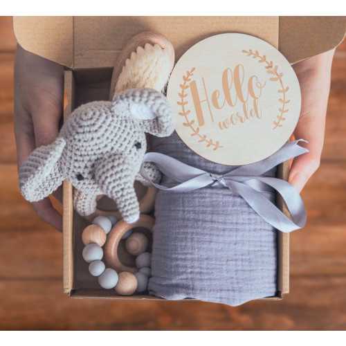 Gift box for newborn - Baby gift set, 6 pieces set ready to give gift box, Animal crochet rattle, blanket, brush, bracelet, Baby birth gift