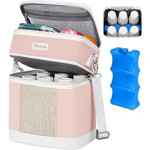 Mancro Breast Milk Cooler Travel Bag with Ice Pack, Double Layer Baby Bottle Cooler Bag Fits 6 Bottles Up to 9 Ounces,Insulated Bottle Bags for Daycare & Travel,Pink