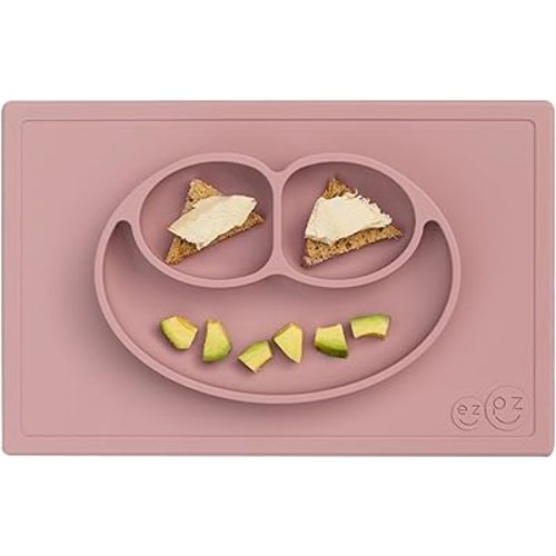 ezpz Happy Mat - 24 Months+ (Blush) - 100% Silicone Suction Plate with Built-in Placemat for Toddlers + Preschoolers - Divided Toddler Plates - Toddler Essentials
