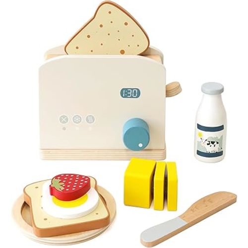 PairPear Pop up Toaster Play Kitchen Playset - Wooden Toy Food 11 Accessories for Kids