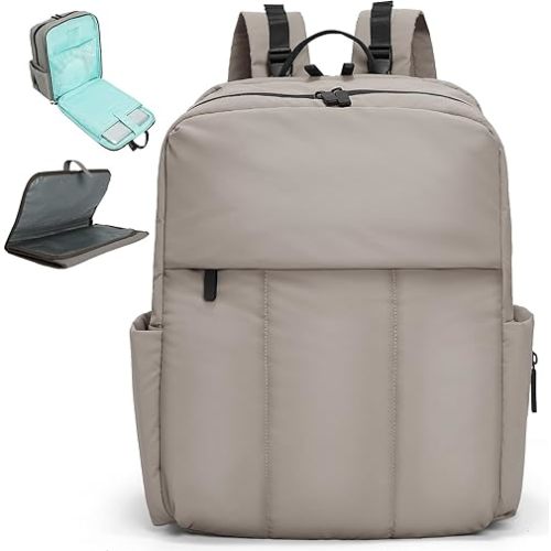 MOMINSIDE Diaper Bag Backpack - Large Puffer Diaper Bag - Neoprene Diaper Bag Quilted Baby Bag for Boys Girls, Large Changing Pad, Stroller Straps, 15 Pockets, Lightweight, Grey