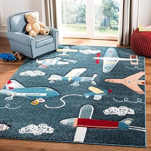 SAFAVIEH Carousel Kids Collection Area Rug - 4' Square, Navy & Ivory, Non-Shedding & Easy Care, Ideal for High Traffic Areas for Boys & Girls in Playroom, Nursery, Bedroom (CRK167N)