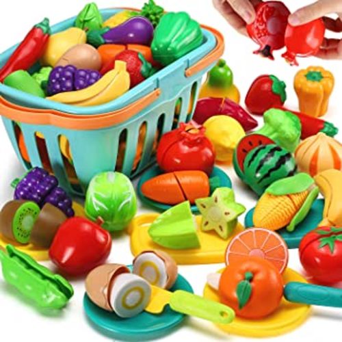 Amazon.com: 70 PCS Cutting Play Food Toy for Kids Kitchen, Pretend Fruit &Vegetables Accessories with Shopping Storage Basket, Plastic Mini Dishes and Knife, Educational Toy for Toddler Children Birthday Gift : Toys & Games