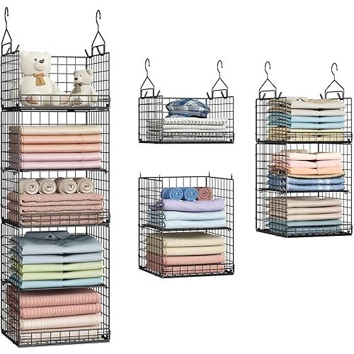5 Tier Closet Hanging Organizer and Storage Separable Hanging Closet Shelves with 4 Hooks 2 Adjustable Dividers, Wire Storage Basket Bins for Clothing Sweaters Socks Dolls Handbags, Foldable