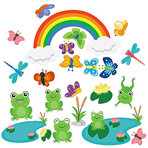 Frog Butterfly Wall Stickers,Peel & Stick Removable Frogs Dragonflies Lotus Rainbow Wall Art Decals for Kids Bedroom Nursery Playroom Frog Party Decration
