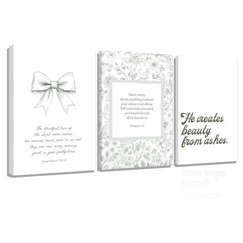 3Pcs Bible Verse Wall Art Christian Scripture Green Wall Decor Framed | Nursery Scripture Picture Religious Wall Decor Bow Floral Prints Boho Minimalist Aesthetic Art for Bedroom Living Room Dorm