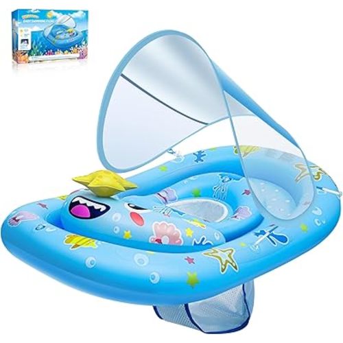 SKINFRND Baby Float with Canopy- UPF50+ Sun Protection Baby Pool Float，Inflatable Kids Pool Float with Adjustable Safety Seat for 6-36 Months Kids Swimming,with Marine Animal Floating Toys