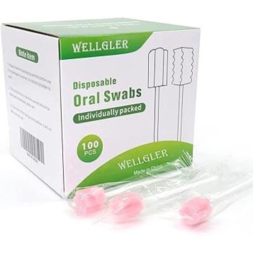 Wellgler's Disposable Oral Care Swabs, Sterile Sponge Mouth Swabs (100pcs, Pink)