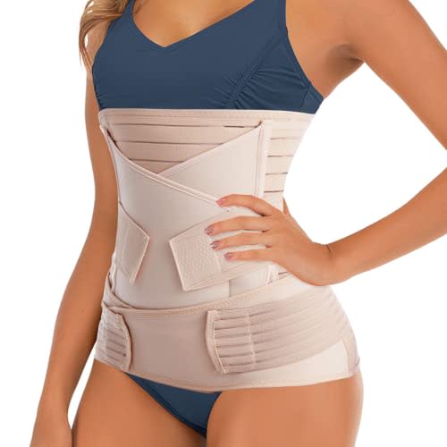 3 in 1 Postpartum Belly Band Post C Section Support Recovery Wrap Fajas Postparto Abdominal Binder Girdles for After Giving Birth (One Size, Z-Beige)