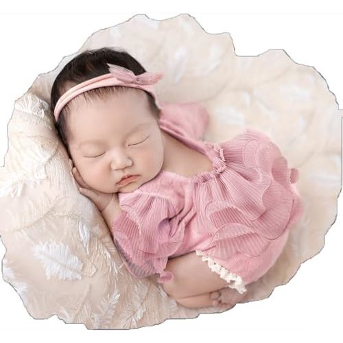 Ylsteed Newborn Photography Outfits Girl Newborn Photography Props Lace Romper with Headband Newborn Infant Photo Shoot Outfits Girls Photo Props Newborn Girl Photoshoot Outfits-Ruffles Cameo