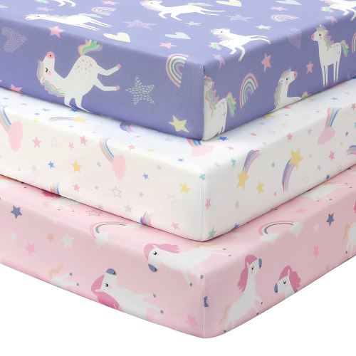 Baby Crib Sheets Girl, 3 Pack Toddler Bed Sheets for 52”x28” Standard Toddler Mattresses, Soft Microfiber Fitted Crib Sheets Pink Purple Rainbow