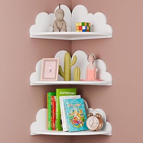 Cloud Floating Corner Shelves - Set of 3 Cloud Corner Wall Shelves for Kid’s Room, White Corner Shelf Nursery Wall Deor, Small Cute Cloud Dispaly Shelf Wall Mounted for Toys, Plants & Storage.